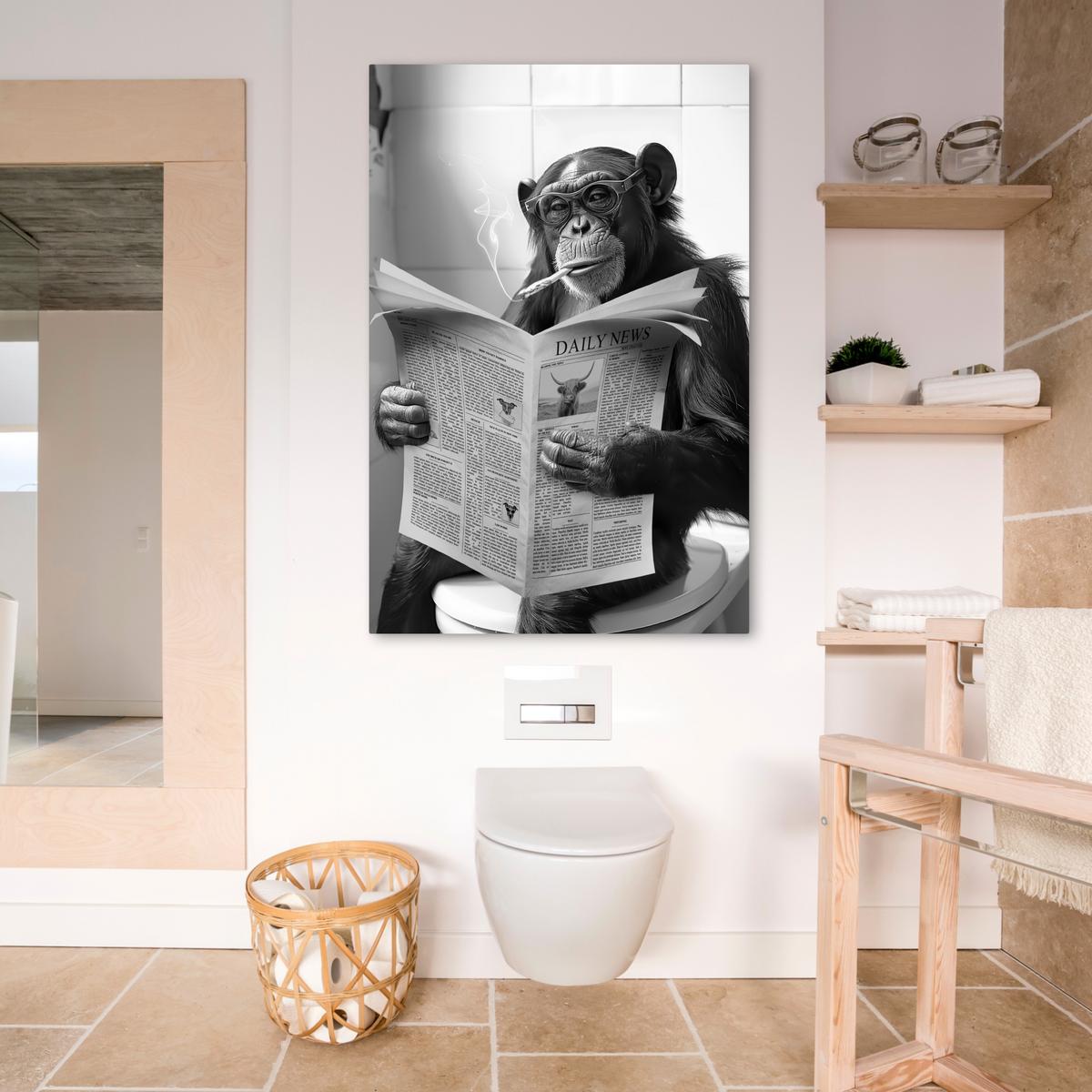LEINWANDBILD Affe - WC - Zeitung - Schwarz-Weiß - Humor Deko XXL 80x120 cm - Hellgrau, Textil (80/120cm) - MuchoWow
