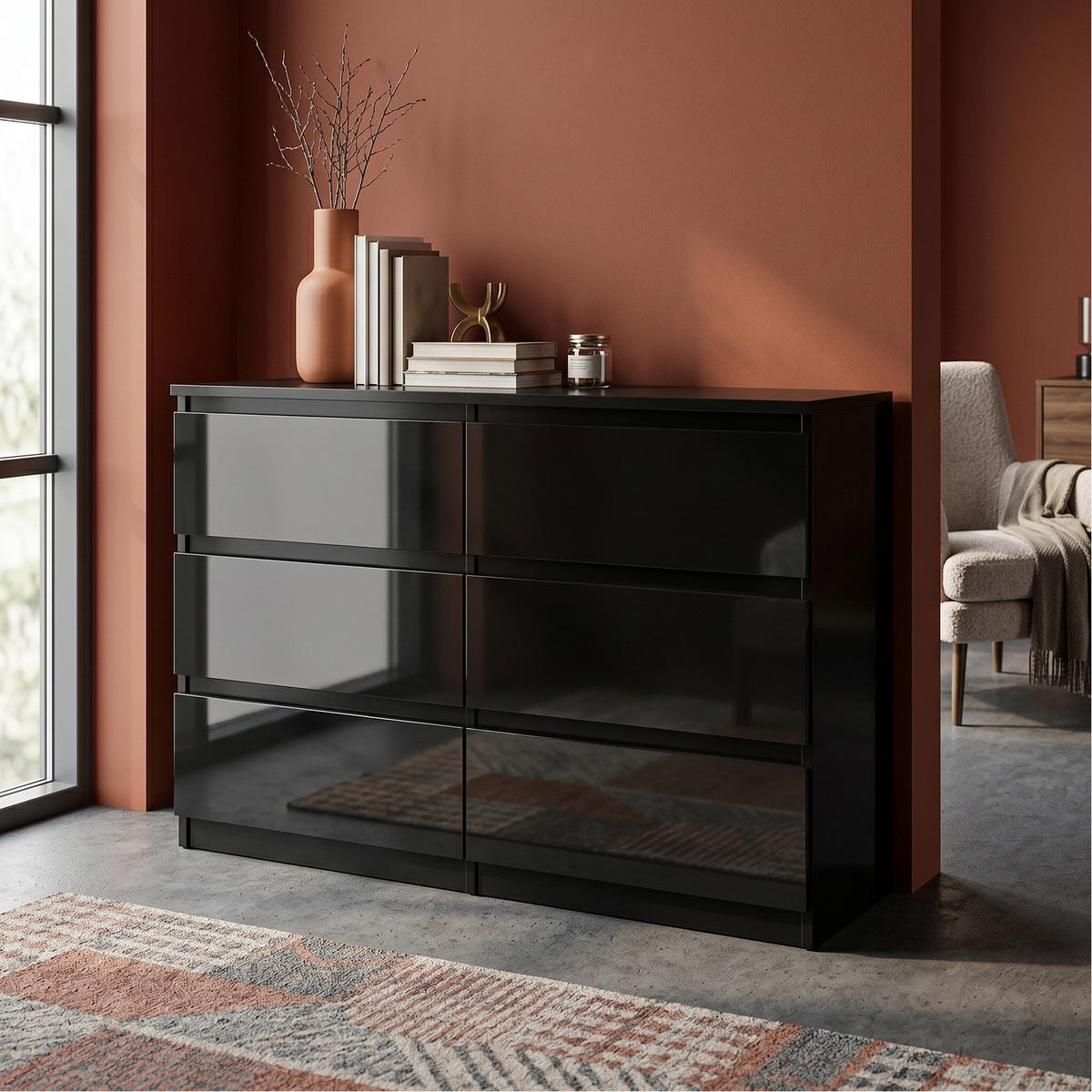 KOMMODE NUDO 120/78,5/39cm mit 6 Schubladen Türen Schwarz - Schwarz Hochglanz/Schwarz, Holzwerkstoff (120/78.5/39cm) - MASSENO