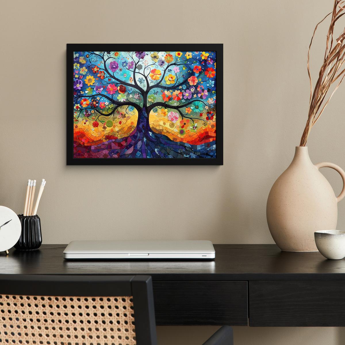 POSTER MIT RAHMENGERAHMTES BILD Kunst - Baum des Lebens - Blumen - Hippie 40x30 cm - Dunkelblau, Papier (40/30cm) - MuchoWow