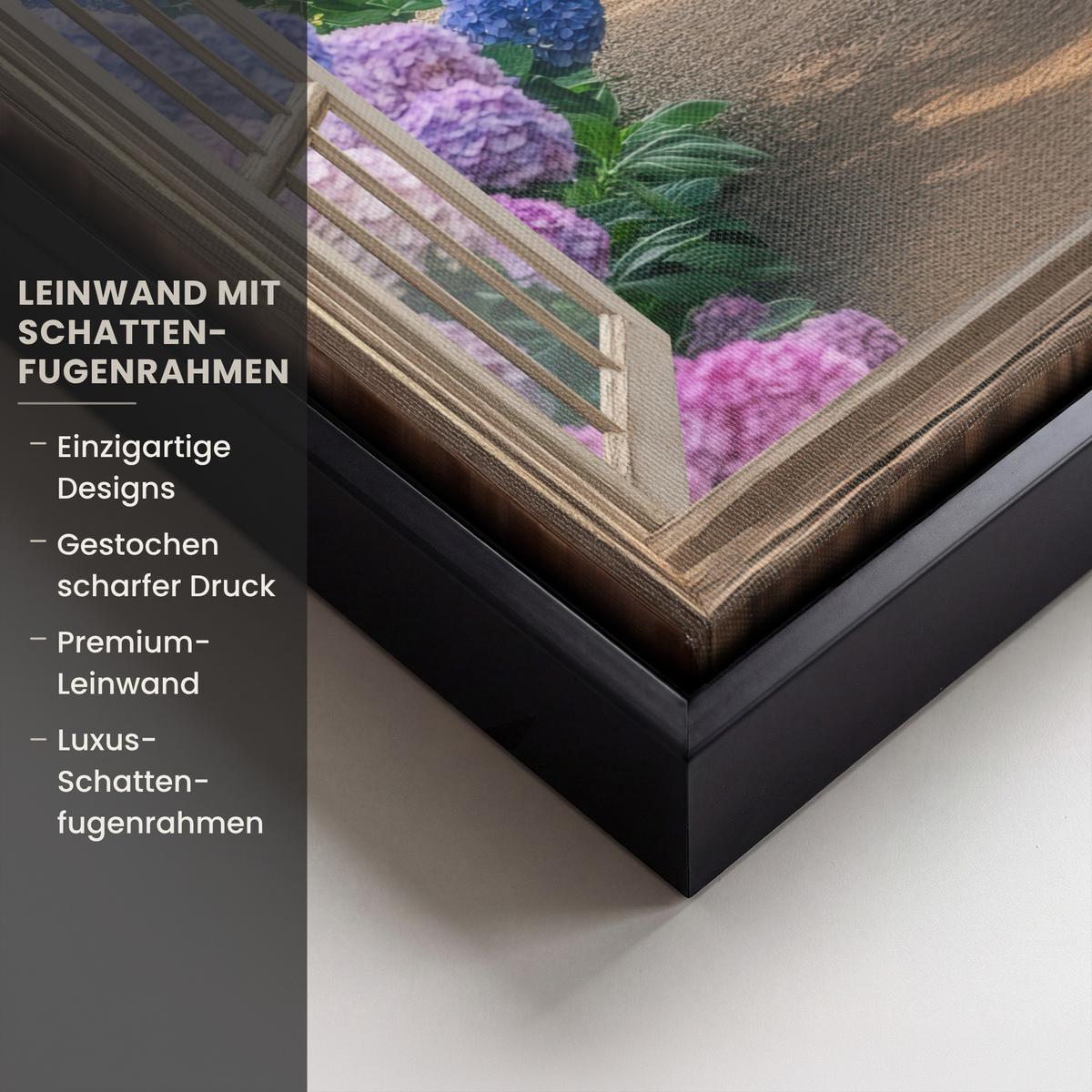 LEINWAND Bilder mit Rahmen - Aussicht - Garten - Fenster - Hortensie - Blumen - 20x30 - Pastellblau, Textil (20/30cm) - MuchoWow