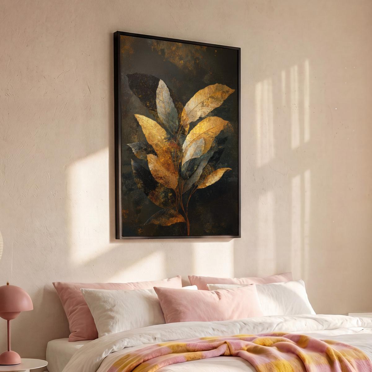 LEINWAND Bilder mit Rahmen - Golden Leaf Komposition - Botanical Luxury - 100x150 - Goldfarben, Textil (100/150cm) - MuchoWow
