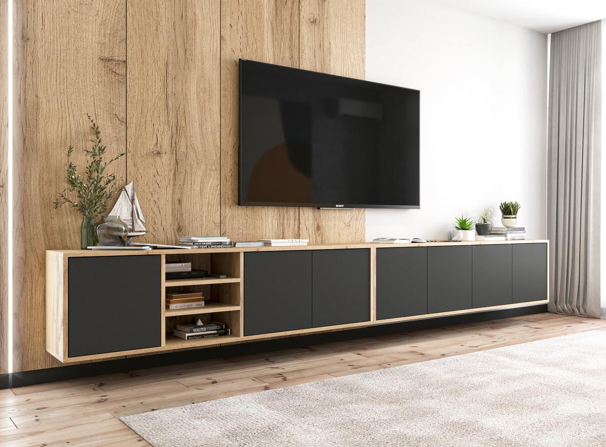 TV-LOWBOARD Apollo Eiche wotan Schwarz Matt 150 cm - Schwarz, Holzwerkstoff (150/39/35cm) - Meble Lindner
