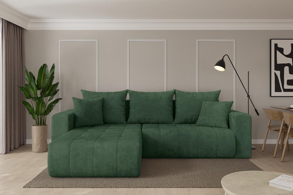 ECKSOFA mit Schlaffunktion Ottomane Links MILA-L 277x194x86 Grün Cord - Dunkelgrün/Schwarz, Holzwerkstoff/Kunststoff (277/194cm) - ALTDECOR