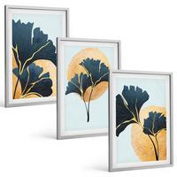 BILDER SET 3er Set - 40x60 cm Silberner Rahmen - Ginkgoblätter, heller Hintergrund - Silberfarben, Kunststoff (40/60cm) - TULUP