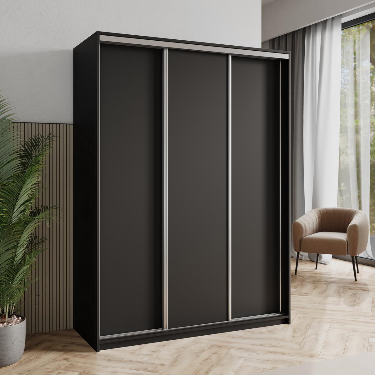 SCHWEBETÜRENSCHRANK NISSE 150/205/60 cm 3-türig Schwarz - Schwarz, Holzwerkstoff (150/205/60cm) - MASSENO