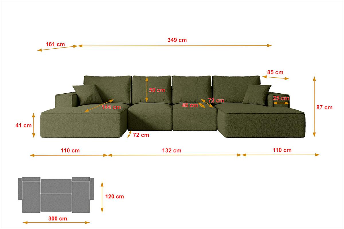 WOHNLANDSCHAFT mit Schlaffunktion und Bettkasten SIERRA-U-S - 349x161x87 cm Grün Bouclé - Schwarz/Grün, Holzwerkstoff/Kunststoff (349/87/161cm) - ALTDECOR