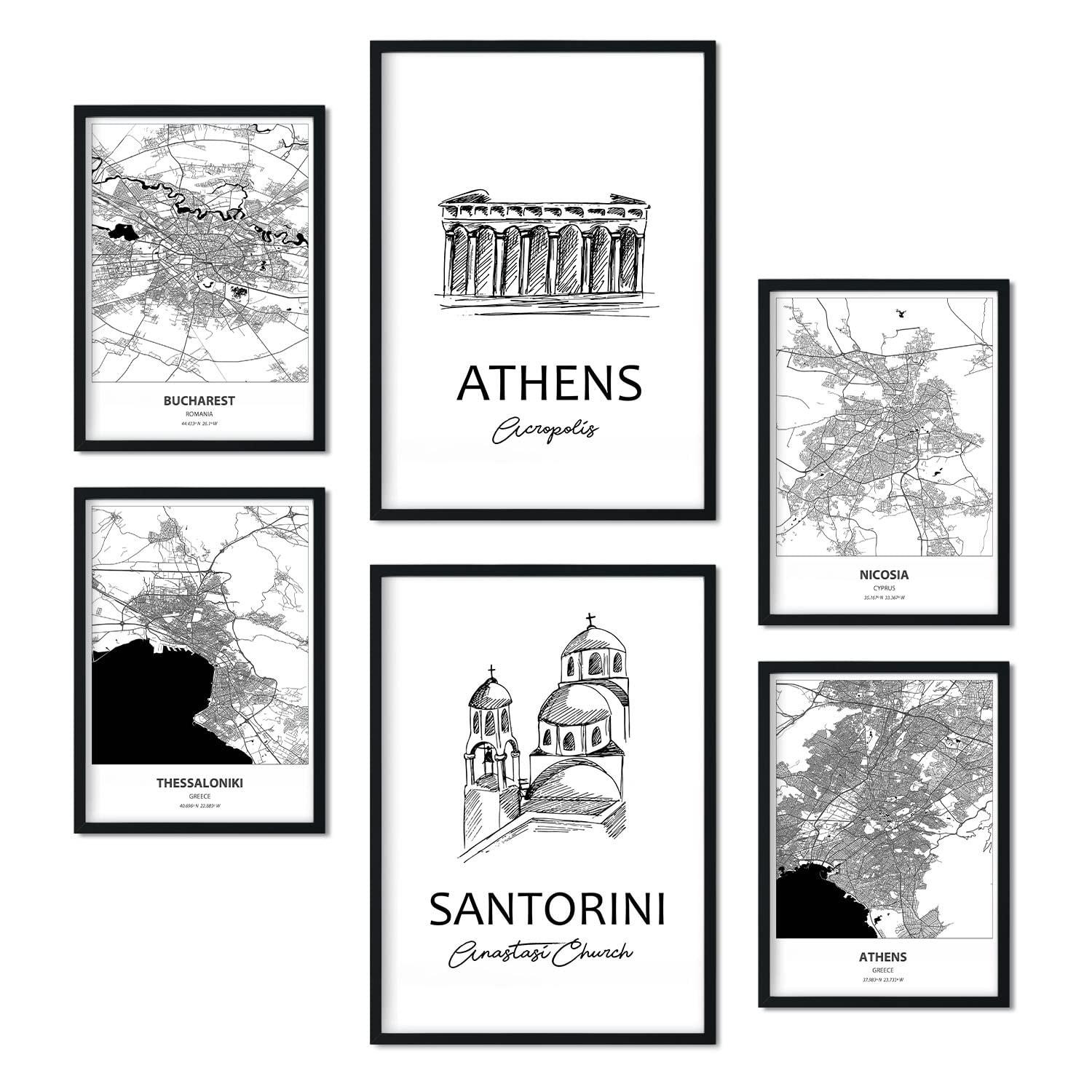 POSTER Set Mit 6 Drucke Von Europa Von Karten In Schwarz Weiß A3 & A4 Schwarzer Rahmen - Schwarz, Papier (29/3cm) - Nacnic