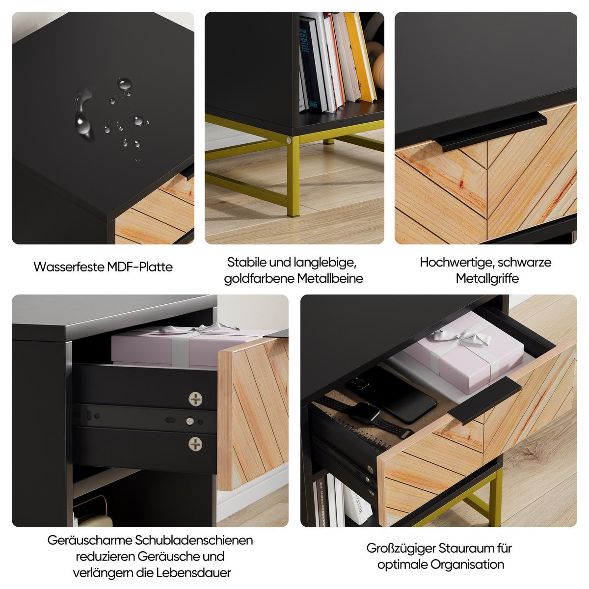 NACHTTISCH 43 cm Schwarz & Natur – Nachtkonsole mit Schublade & Metallbeinen Industrial - Naturfarben, Holzwerkstoff (43/55/40cm) - Urban Meuble