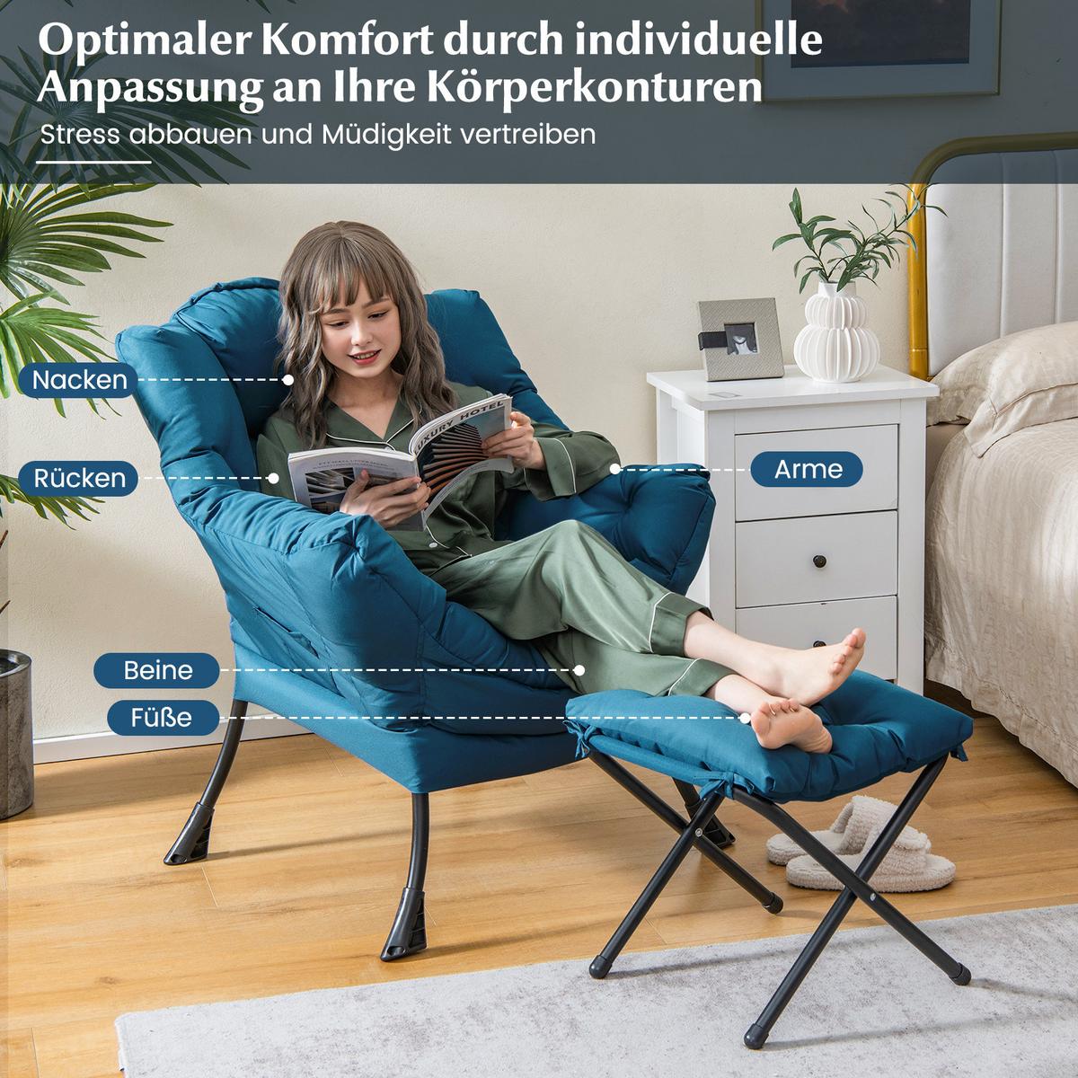 SESSEL mit Hocker Blau - Blau, Kunststoff (81/94.5/75cm) - COSTWAY