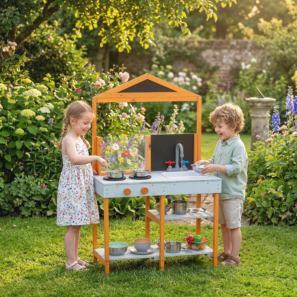 OUTDOOR-KINDER-MATSCHKÜCHE Tannenholz Edelstahl Hellblau - Hellblau, Holz (33.5/69cm) - AIYAPLAY