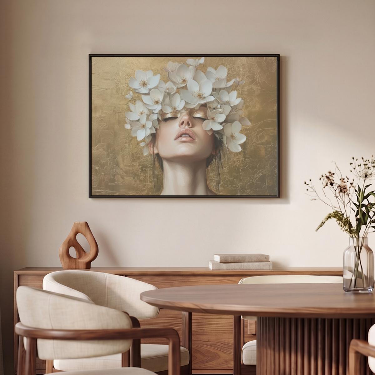 LEINWAND Bilder mit Rahmen - Gesicht - Blumen - Gold - Abstrakt - 70x50 - Goldfarben, Textil (70/50cm) - MuchoWow