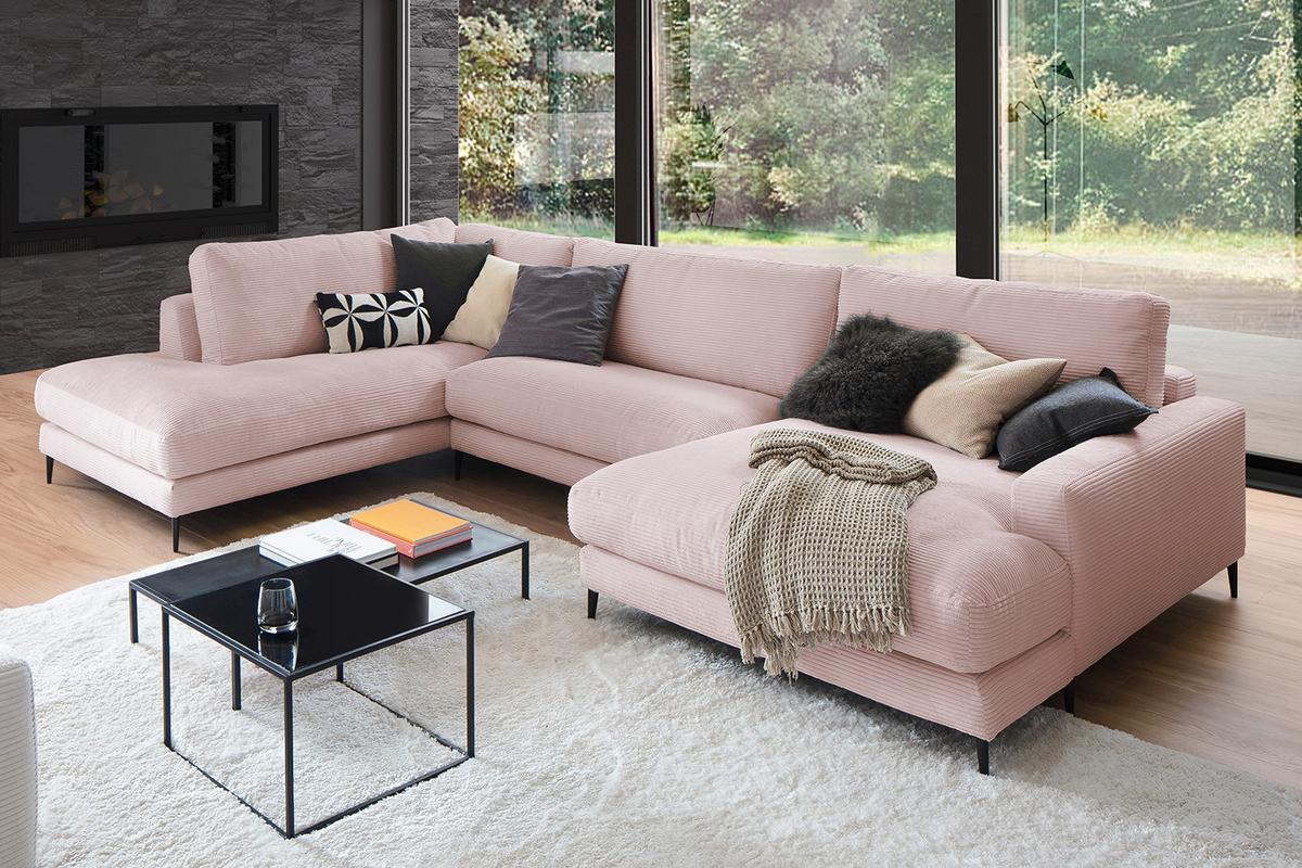 WOHNLANDSCHAFT CARA Pink Cord - Roségold/Schwarz, Textil (341/84/223cm) - KAWOLA