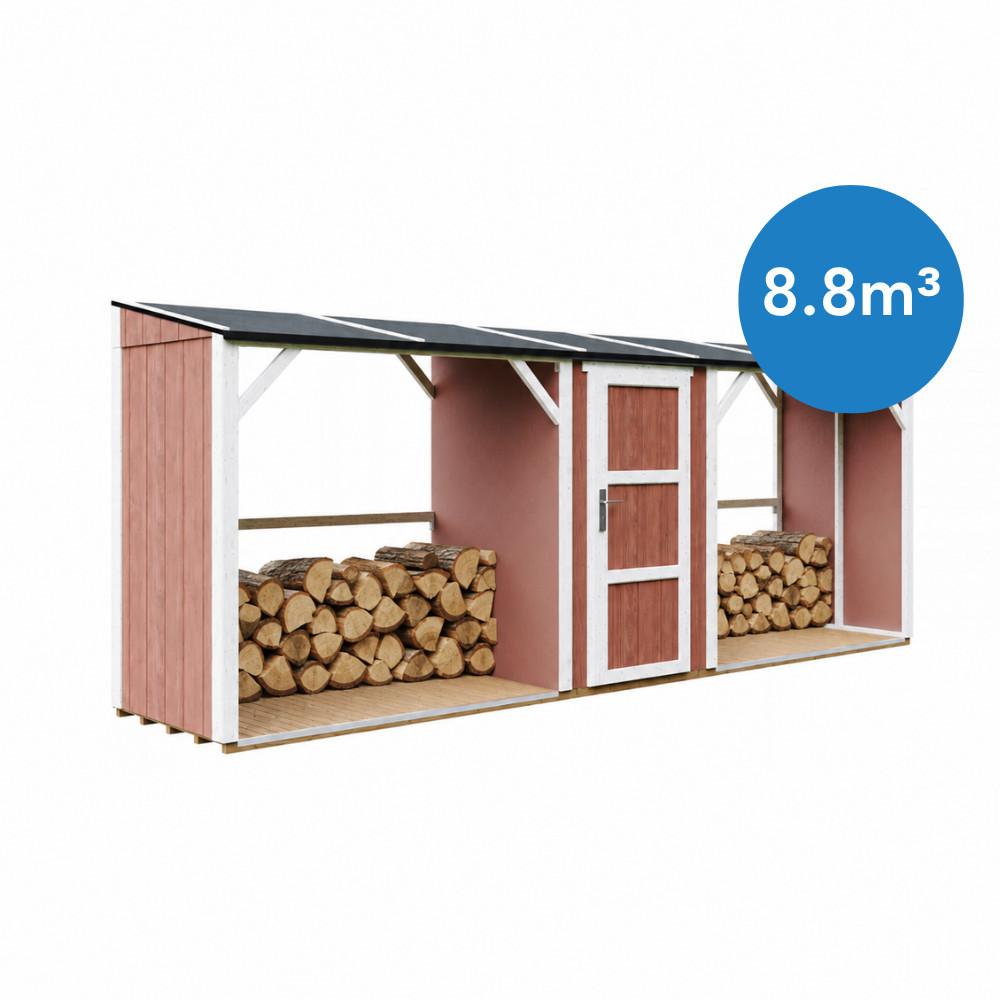 BRENNHOLZLAGER doppelt mit Geräteraum 6,49 m², zwei Brennholzbereiche mit insgesamt ~8,8 m³ Fassungsvermögen - Rot, Holz (118/220/550cm) - Timbela