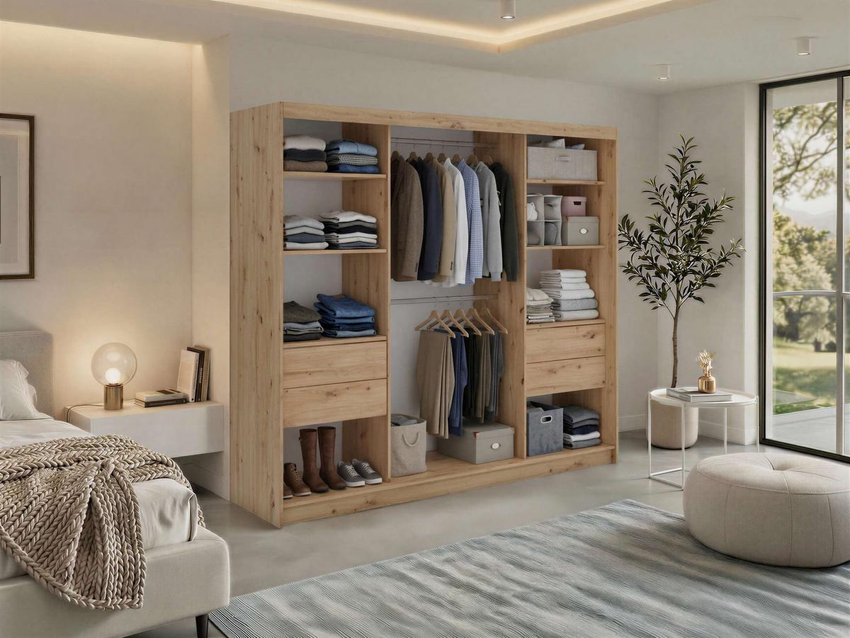 SCHWEBETÜRENSCHRANK mit Schubladen 240 - VERONA - Eiche Artisan mit Spiegel - Alufarben/Eiche Artisan, Holzwerkstoff/Metall (240/216/61cm) - MKS
