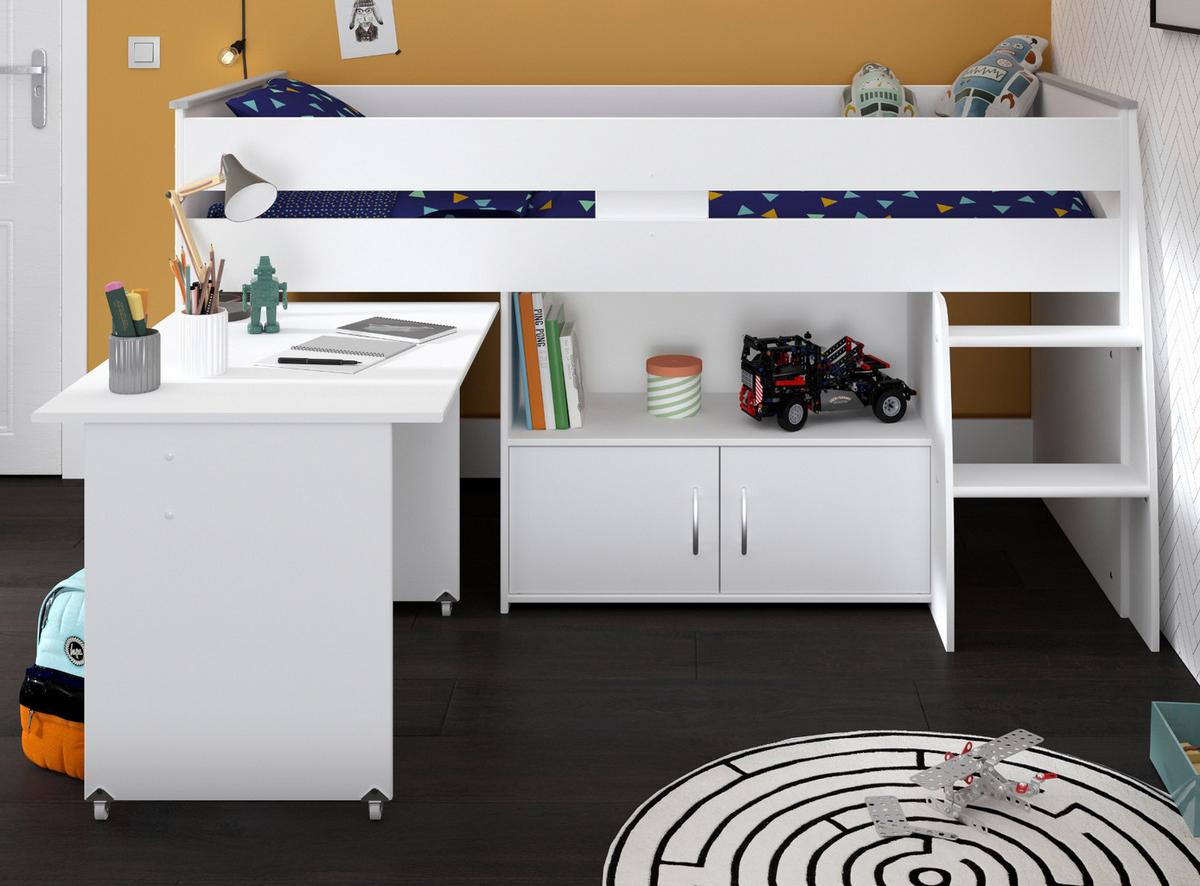 HOCHBETT weiß Jugendzimmer Bett 90 x 200 mit Schreibtisch ausziehbar - Silberfarben/Weiß, Holz/Holzwerkstoff (90/200cm) - Parisot Meuble