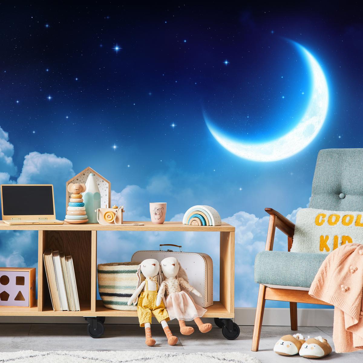 FOTOTAPETE für Schlafzimmer Himmel Wolken Mond Sterne 250x175 - Blau/Dunkelblau, Papier (250/175cm) - Muralo