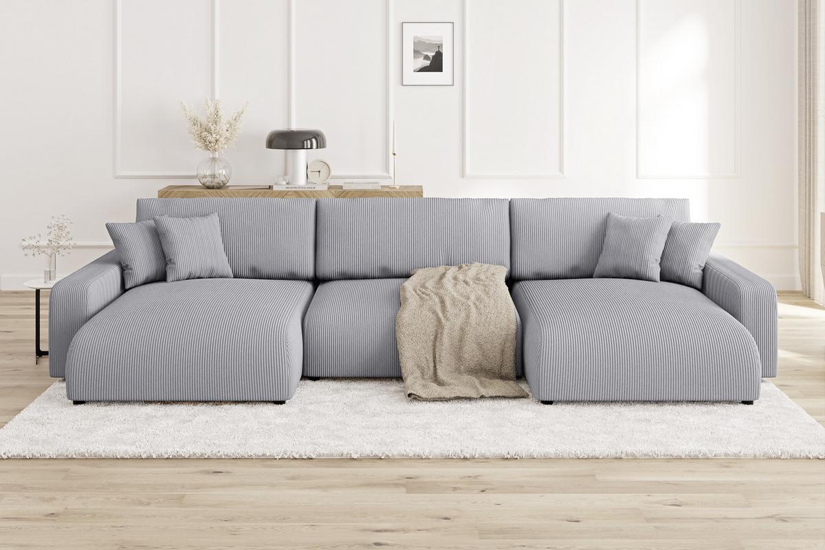 WOHNLANDSCHAFT Emma Hellgrau Cord - Hellgrau/Schwarz, Holz/Kunststoff (332/78/170cm) - S-Style Möbel