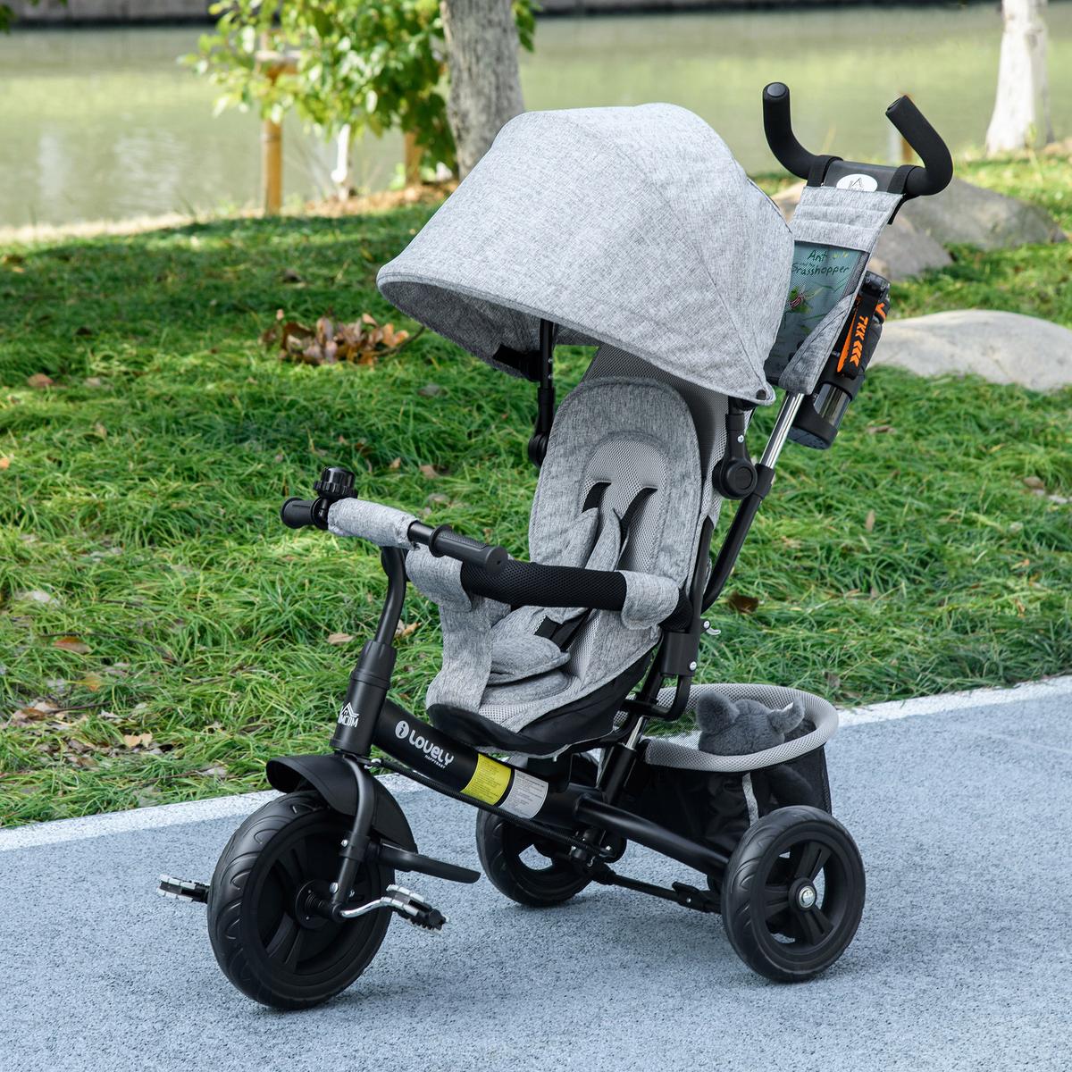 6-IN-1 Dreirad mit Schubstange, Kinderdreirad mit abnehmbarem Sonnendach - Grau, Metall (102/49/102cm) - HOMCOM