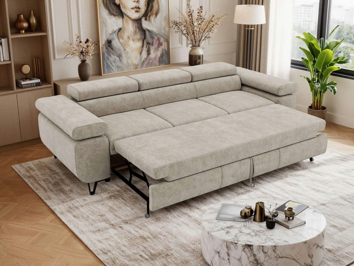 3-SITZER SOFA PETER mit Schlaffunktion - Greige Stukture - Greige/Schwarz, Textil/Metall (262/76/99cm) - MKS