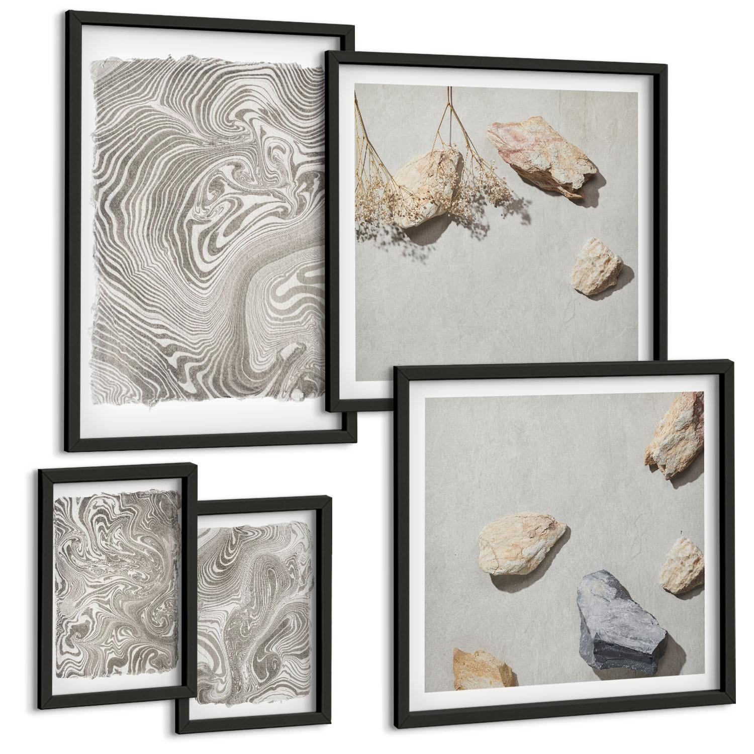 BILDER SET 5er Set - 50x50 cm & 20x30 cm & 40x60 cm Schwarzer Rahmen - Moderne abstrakte Formen - Schwarz, Kunststoff (40/60cm) - TULUP