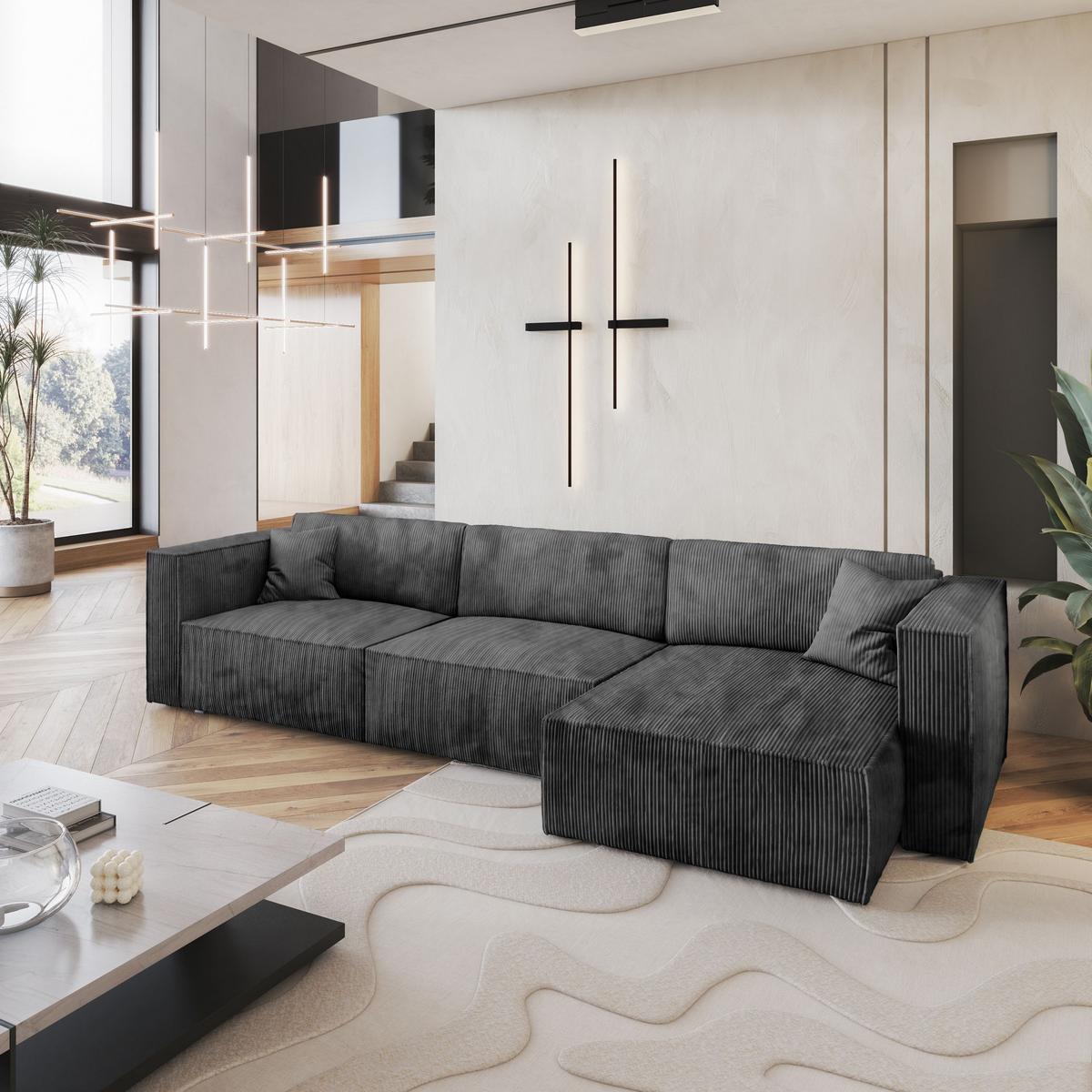 ECKSOFA TOLMO P Graphitfarben Kordstoff mit Schlaffunktion - Graphitfarben/Grau, Holz/Kunststoff (347/148cm) - MASSENO
