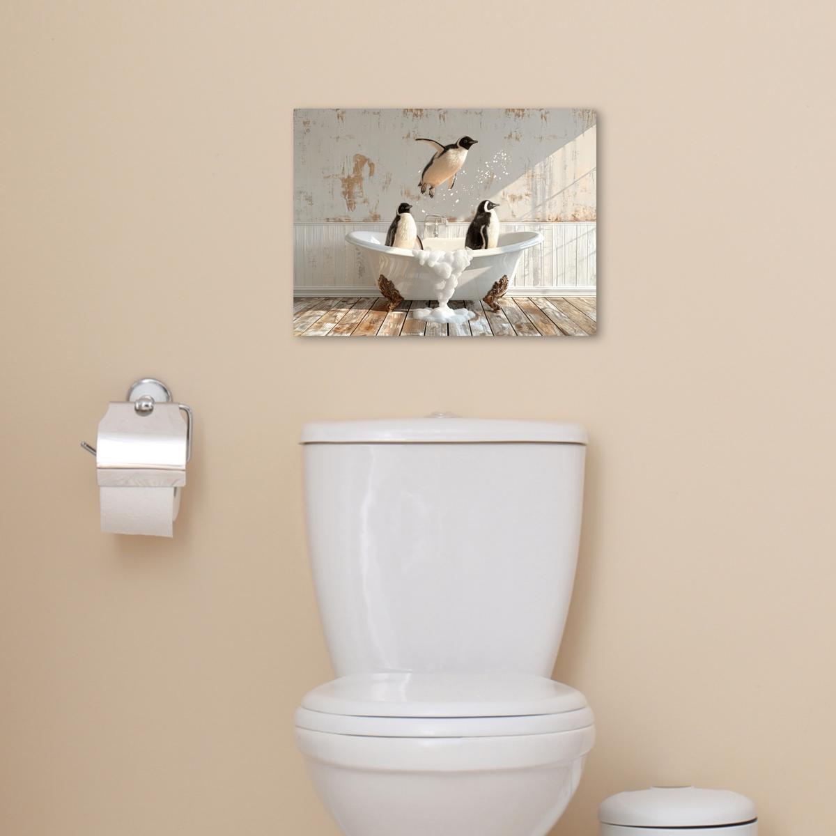 LEINWANDBILD Vintage - Pinguin - Badewanne - Schaumstoff Wandbild 40x30 cm - Schwarz, Textil (40/30cm) - MuchoWow