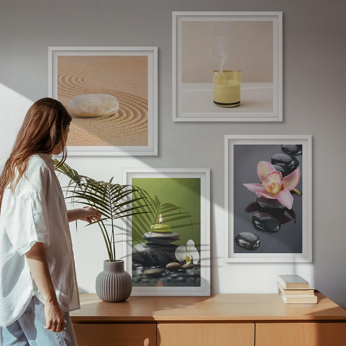 BILDER SET 4er Set - 50x50 cm & 40x60 cm Weißer Rahmen - Entspannende Zen-Steine für inneren Frieden - Weiß, Kunststoff (50/50cm) - TULUP