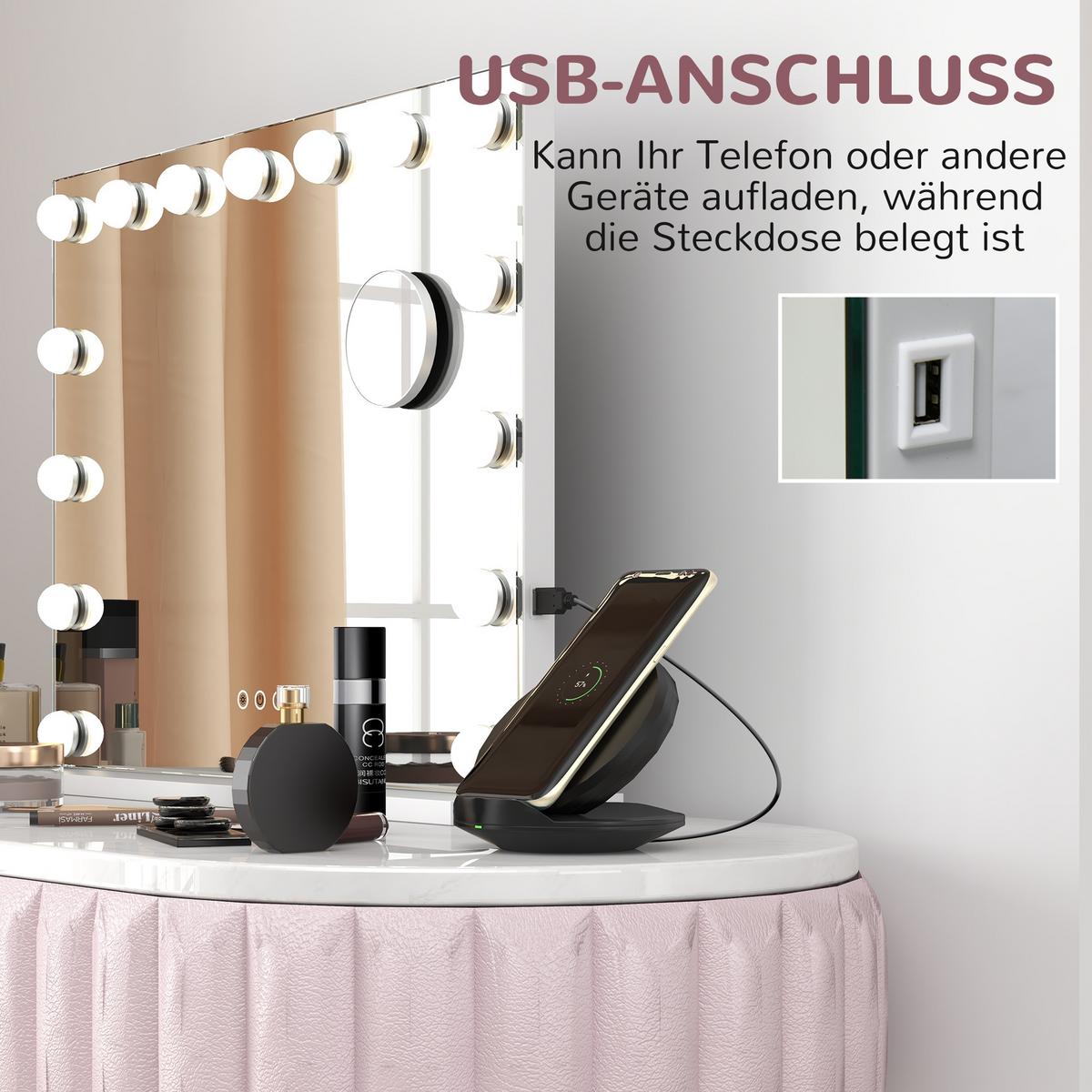 HOLLYWOOD Spiegel mit Beleuchtung, Dimmbar Schminkspiegel mit 15 LED Licht - Weiß, Glas (14/48/58cm) - HOMCOM