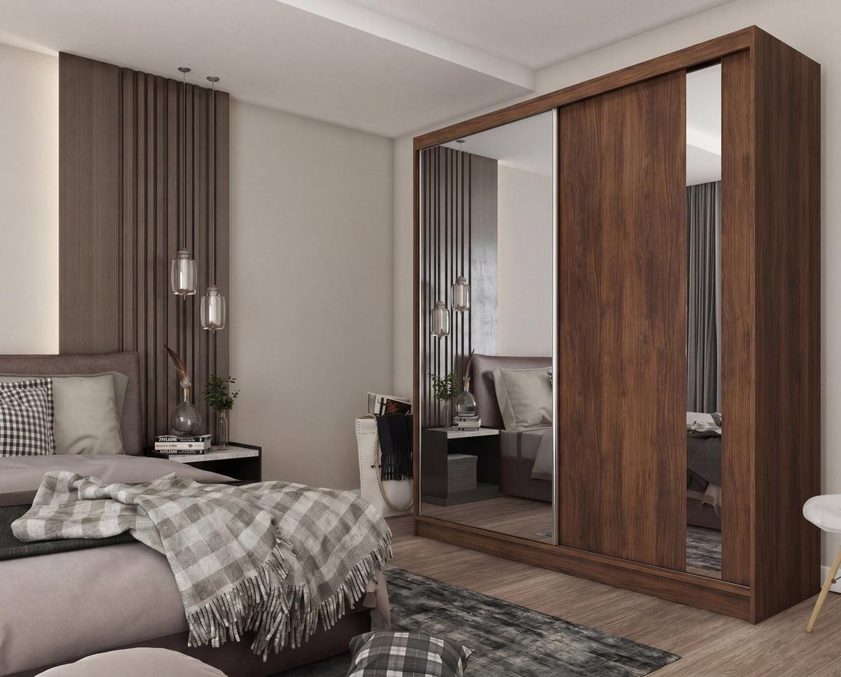 SCHWEBETÜRENSCHRANK GRAZIA 200/216/61 cm Modern Kleiderschrank 2-türig mit Spiegel Nussbaumfarben - Nussbaumfarben, Holzwerkstoff (200/216/61cm) - MASSENO
