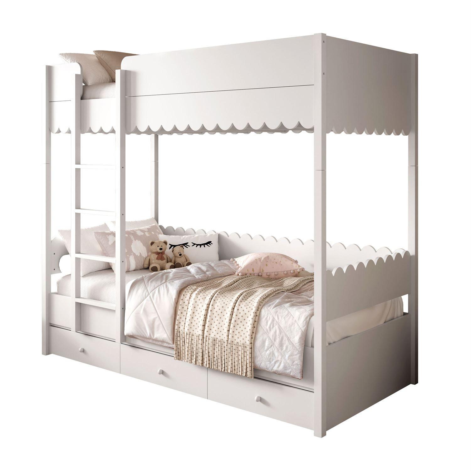 ETAGENBETT BABUSHKA – Etagenbett 90x200 cm, mit zwei Matratze, Weiß - Weiß, Holzwerkstoff - Lookway