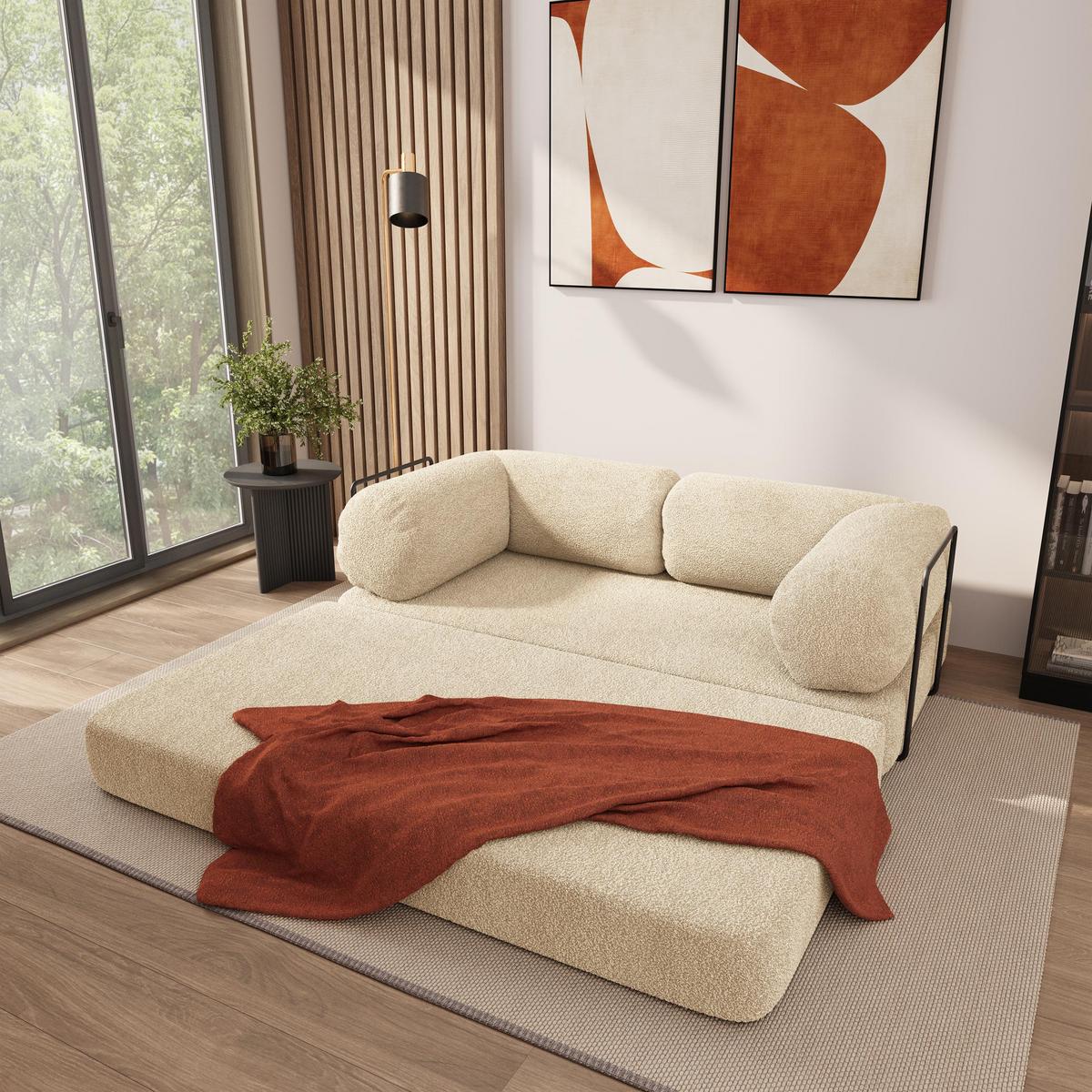 BETTSOFA EIREN aus Schaumstoff Bucle-Stoff Creme Schlaffunktion - Creme, Textil (170/68/80cm) - MASSENO