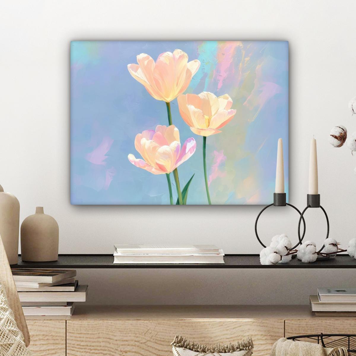 LEINWANDBILD Tulpen - Rosa Akzente - Blau Wandbild 40x30 cm - Pastellblau, Textil (40/30cm) - MuchoWow