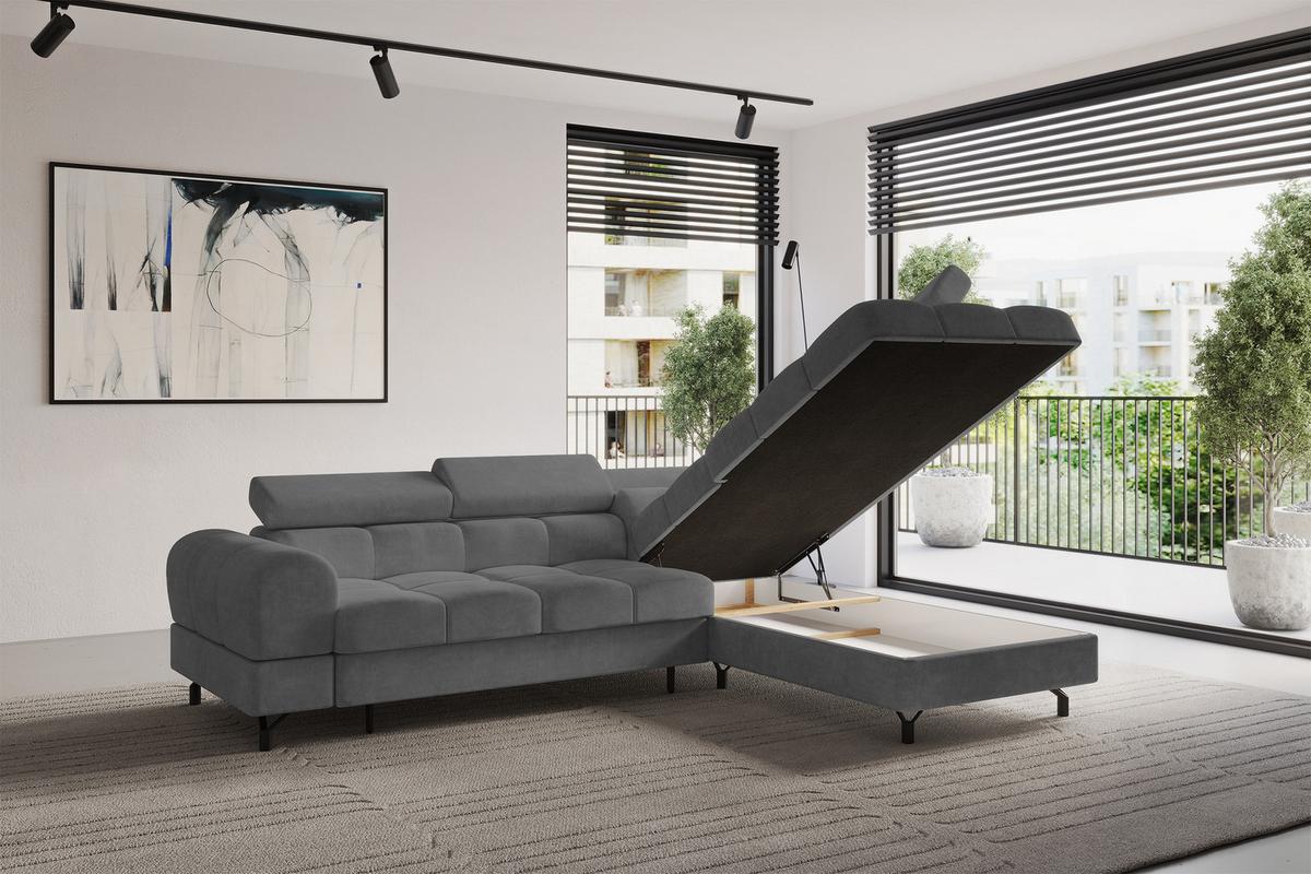 ECKSOFA mit Schlaffunktion Ottomane Rechts LUMA-L 272x203x70 Grau Velours - Schwarz/Grau, Holzwerkstoff/Kunststoff (203/272cm) - ALTDECOR