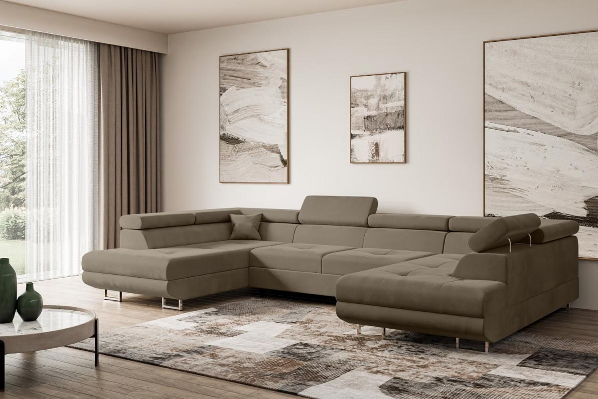 WOHNLANDSCHAFT mit Schlaffunktion und Bettkasten GUSA-U 342x202x107 cm Braun Velours - Silberfarben/Braun, Holzwerkstoff/Textil (342/107/202cm) - ALTDECOR