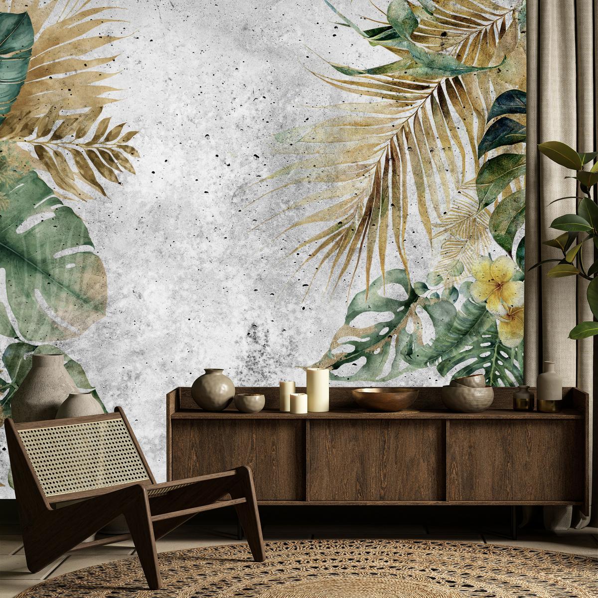 FOTOTAPETE für Wohnzimmer Tropische Blätter Blumen auf Grauer Beton 350x256 - Braun/Grau, Papier (350/256cm) - Muralo