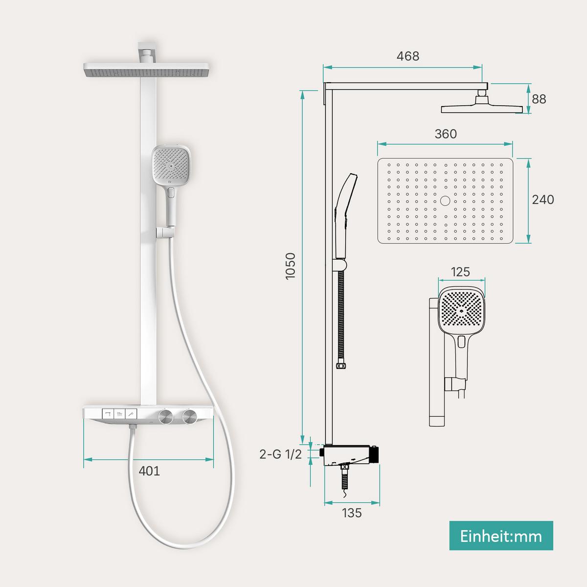 ÜBERKOPFBRAUSESET mit Thermostat Einstellbarer Durchfluss 4-Strahl Mattweiß - Weiß, Metall (40.2/105/57.3cm) - EMKE