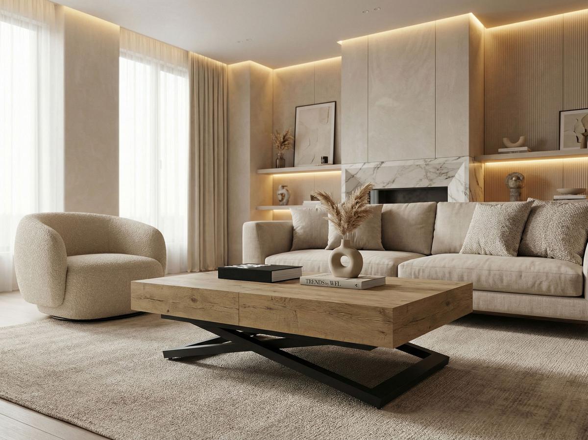 COUCHTISCH Cavetta U höhenverstellbar ausziehbar, Lancelot Eiche 120-200/80/27-76 cm - Eichefarben/Schwarz, Holzwerkstoff/Metall (80/200/76cm) - WFL GROUP