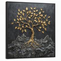 LEINWAND Bilder mit Rahmen - Blätter - Gold - Baum - Fels - 90x90 - Schwarz, Textil (90/90cm) - MuchoWow