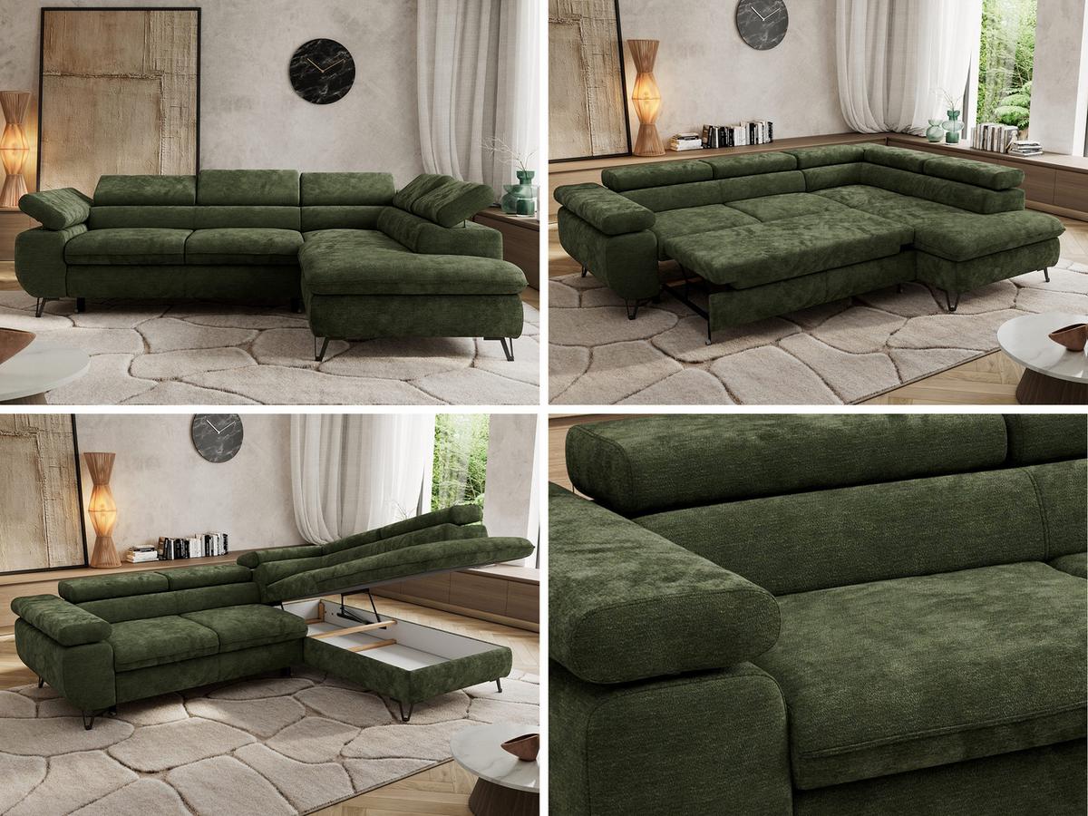 ECKSOFA PABLO L Dunkelgrün Schenille glatt - Rechts Seite - Dunkelgrün/Schwarz, Textil/Metall (273/208cm) - MKS