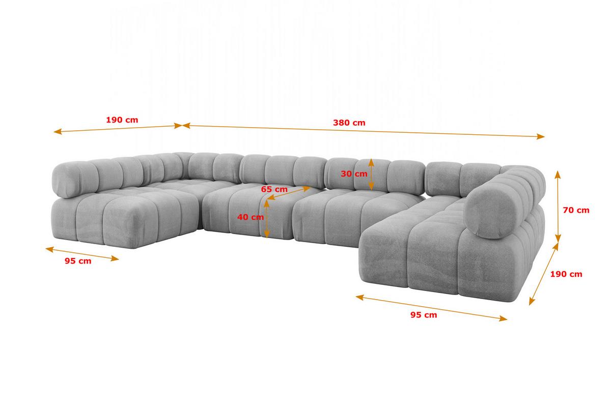 WOHNLANDSCHAFT modulares Sofa Garvo-U2 - 380x190x70 cm Hellgrau Velours - Hellgrau, Holzwerkstoff/Textil (380/70/190cm) - ALTDECOR