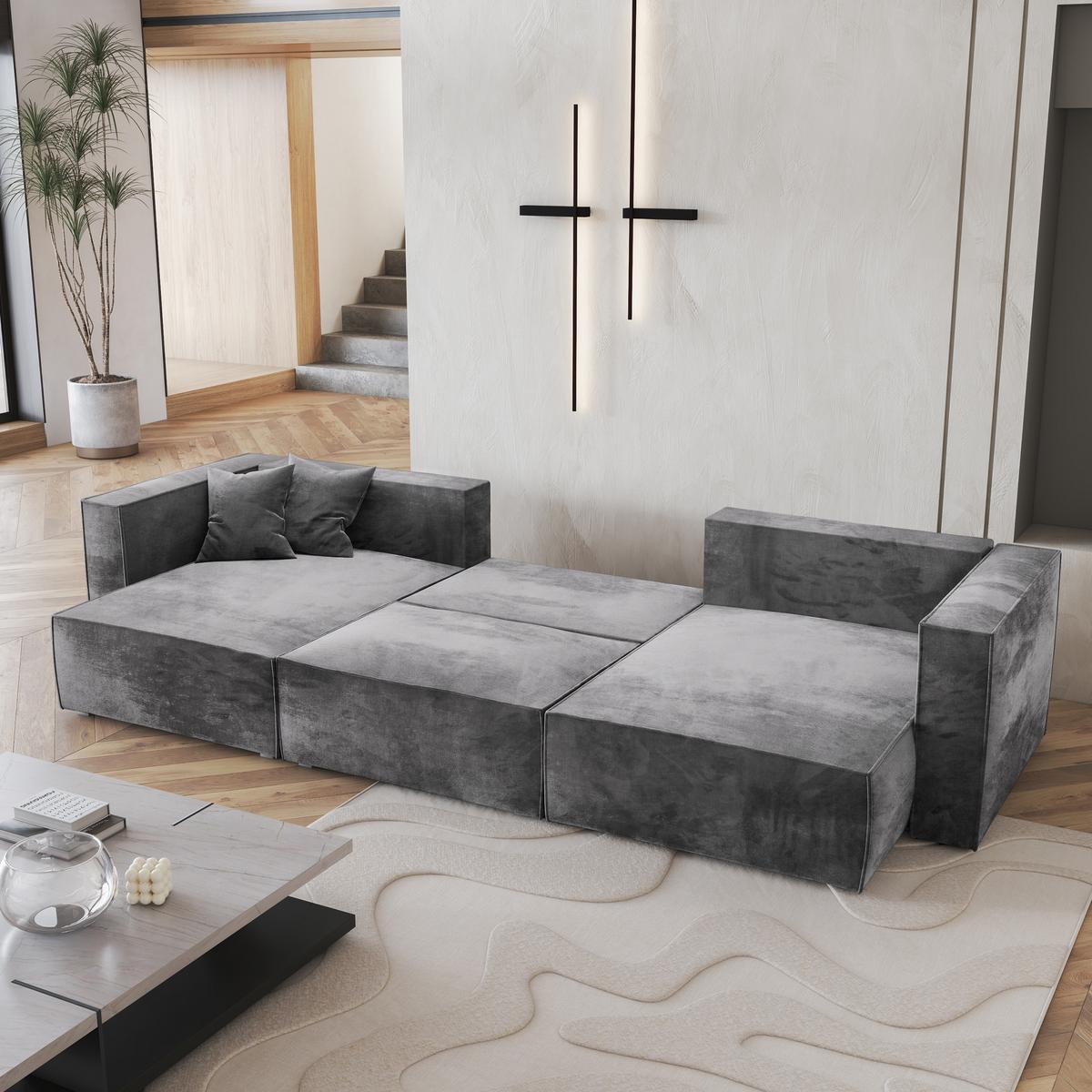 WOHNLANDSCHAFT SARMO M Grau Velours-Stoff mit Schlaffunktion - Grau, Holz/Kunststoff (347/70/148cm) - MASSENO