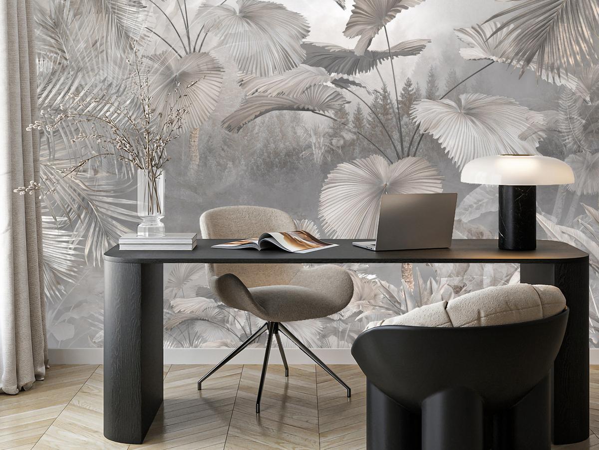 FOTOTAPETE für Wohnzimmer Tropische Blätter Dschungel Palmen Grau 250x175 - Beige/Grau, Papier (250/175cm) - Muralo