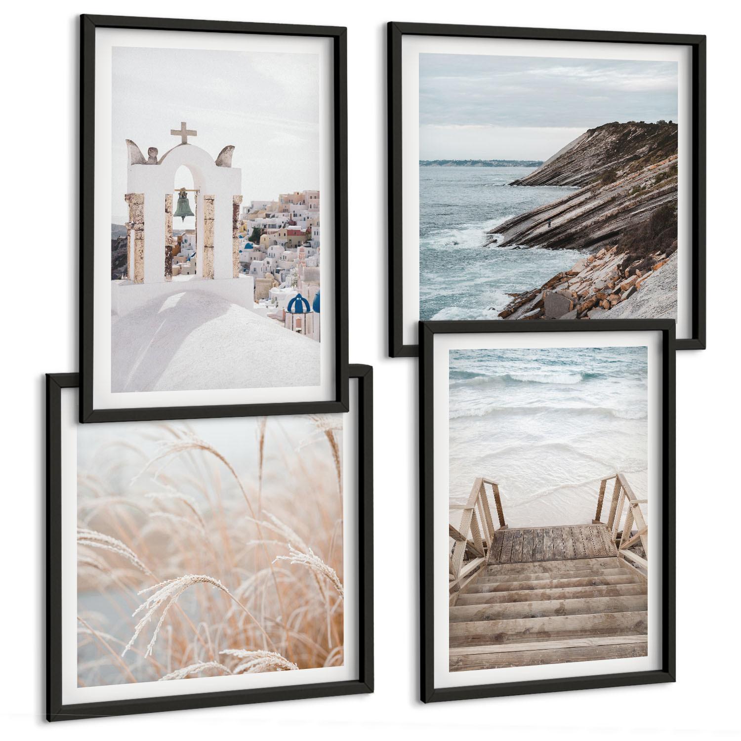 BILDER SET 4er Set - 50x50 cm & 40x60 cm Schwarzer Rahmen - Meeresarchitektur Santorin - Schwarz, Kunststoff (50/50cm) - TULUP
