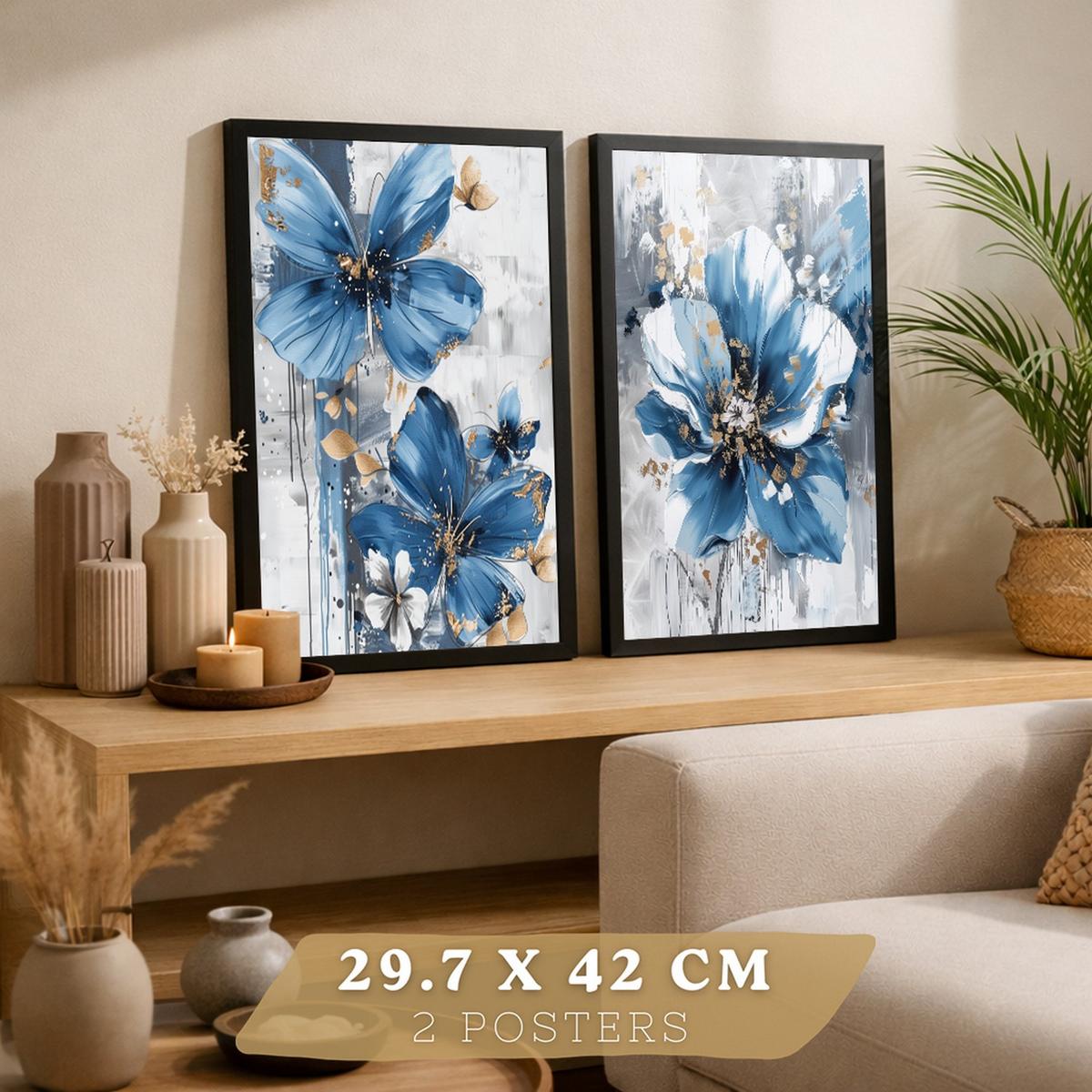 POSTER 2er-Set Wandbilder Blumen Blau Braun modern Wohnzimmer Deko, Schlafzimmer, Küche, Badezimmer Schwarzer Rahmen A4 - Schwarz, Papier (29.7/1/21cm) - Nacnic
