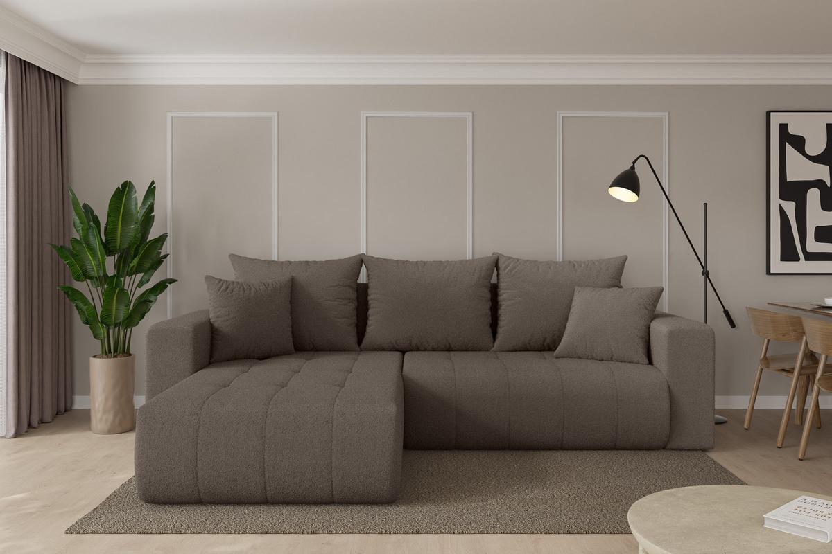 ECKSOFA mit Schlaffunktion Ottomane Links MILA-L 277x194x86 Braun Bouclé - Schwarz/Braun, Holzwerkstoff/Kunststoff (277/194cm) - ALTDECOR