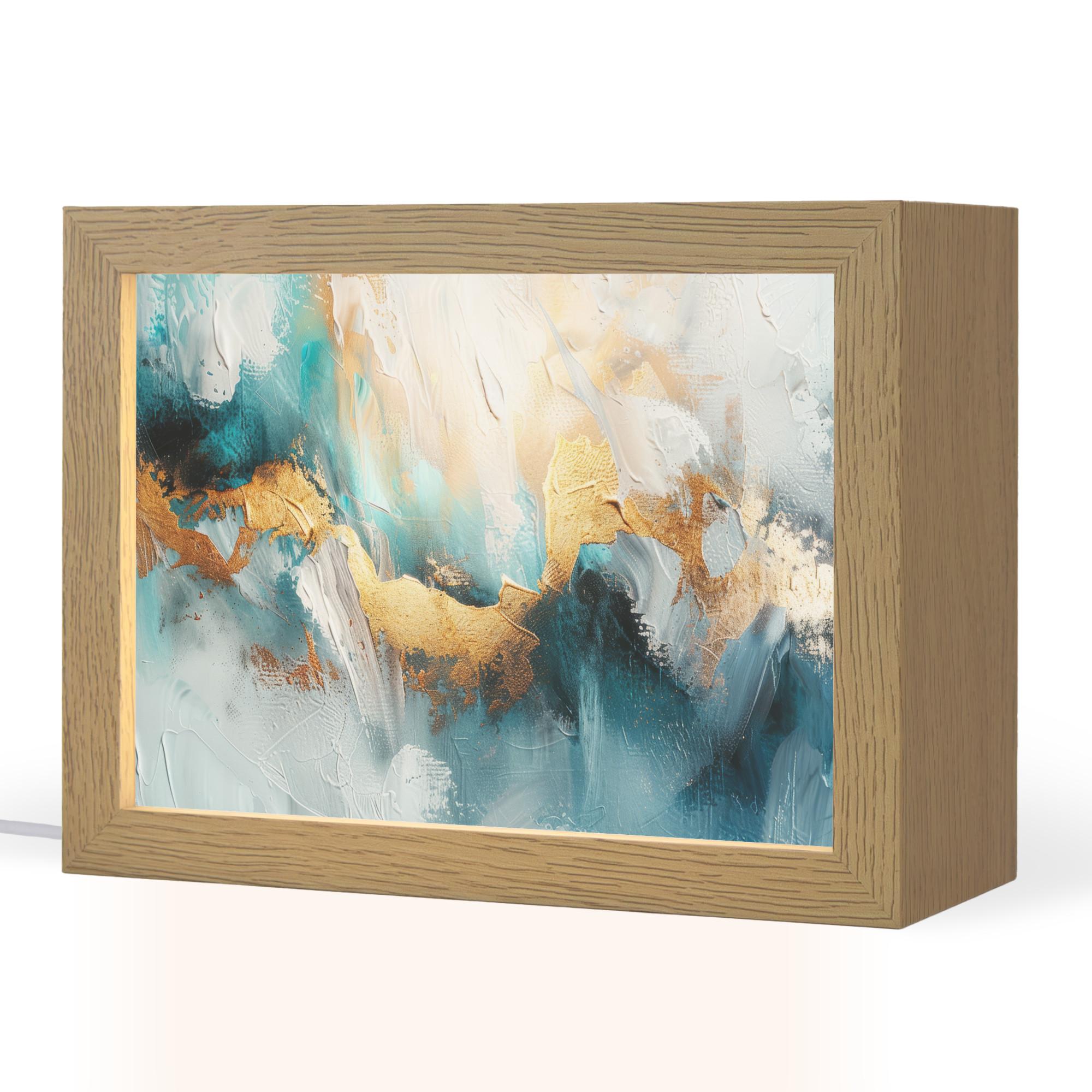 TISCHLEUCHTE Abstrakt - Kunst - Gold - Blau 20x15 cm - Aubergine, Holzwerkstoff (8/20/15cm) - OnlyWow