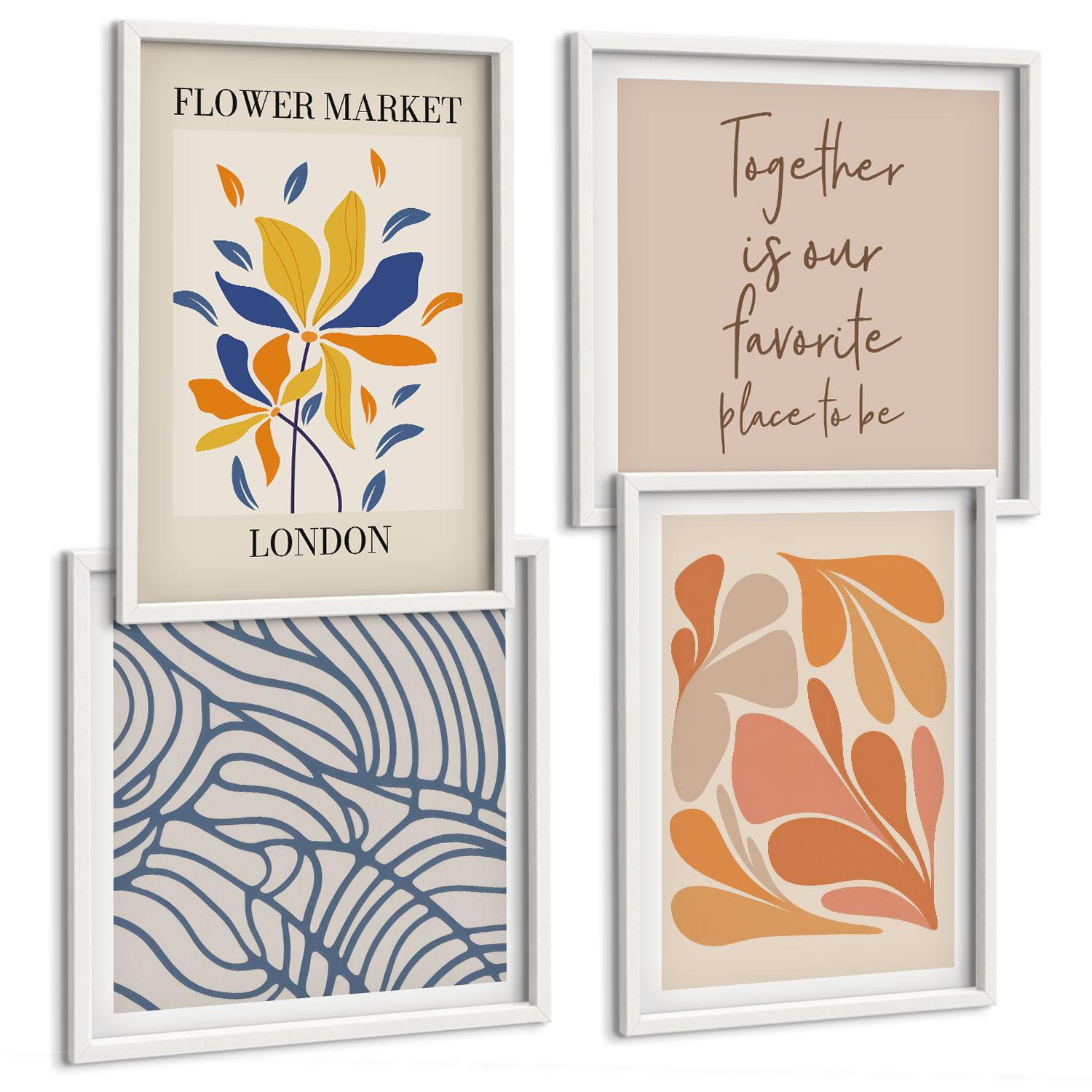 BILDER SET 4er Set - 50x50 cm & 40x60 cm Weißer Rahmen - Moderne abstrakte Blumen - Weiß, Kunststoff (50/50cm) - TULUP