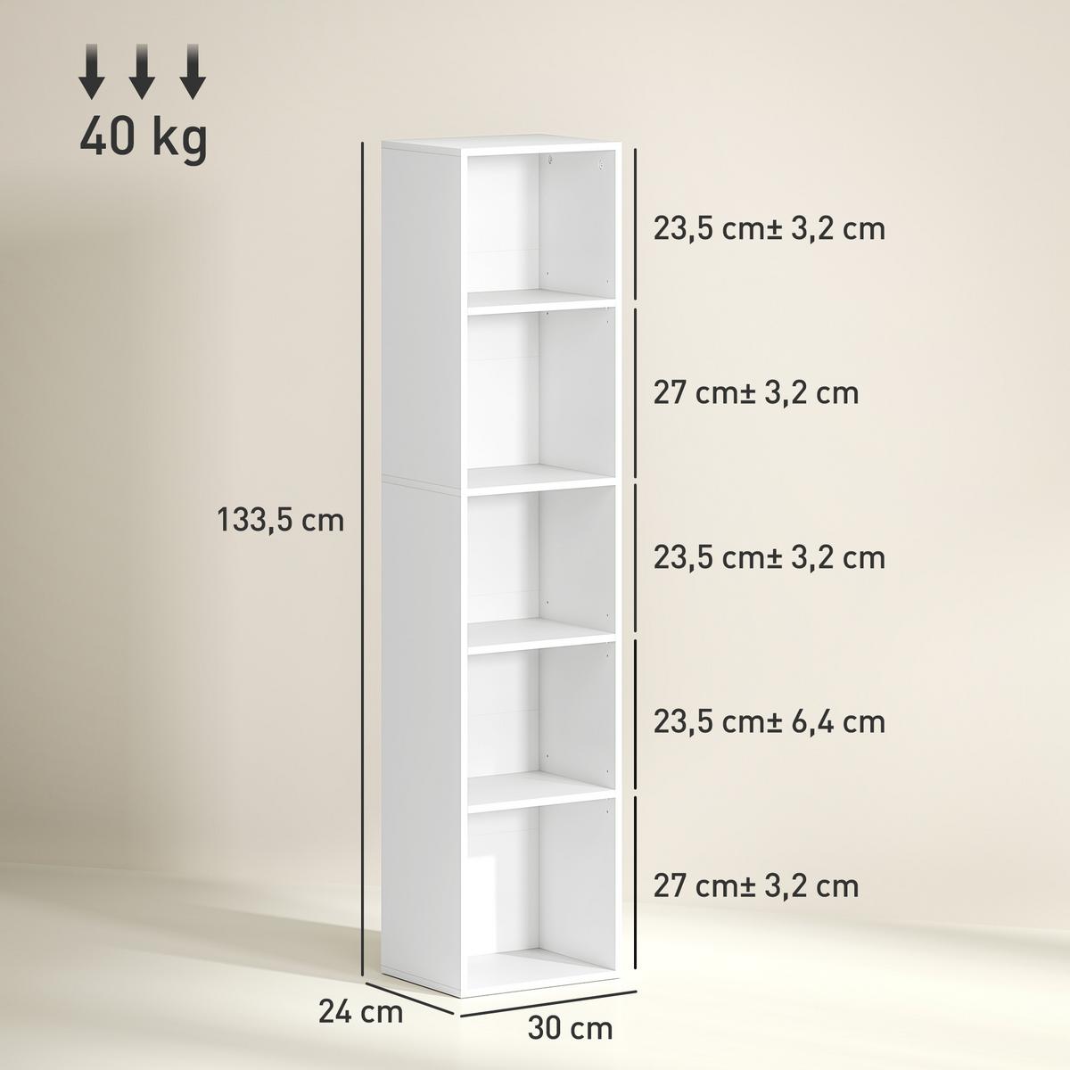BÜCHERREGAL, Standregal mit 5 Ebenen, Verstellbare Ablage für Wohnzimmer - Weiß, Karton (24/133.5/30cm) - HOMCOM