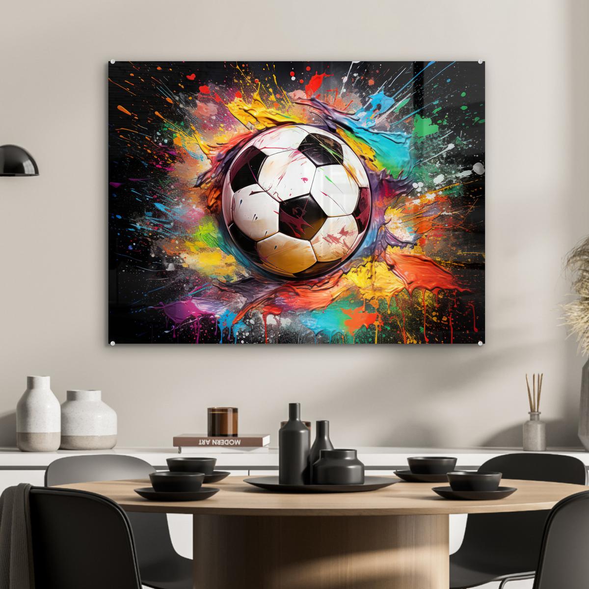 ACRYLGLASBILD Fußball - Farbe - Farben - Schwarz - Weiß 80x60 cm - Weiß, Glas (80/60cm) - MuchoWow