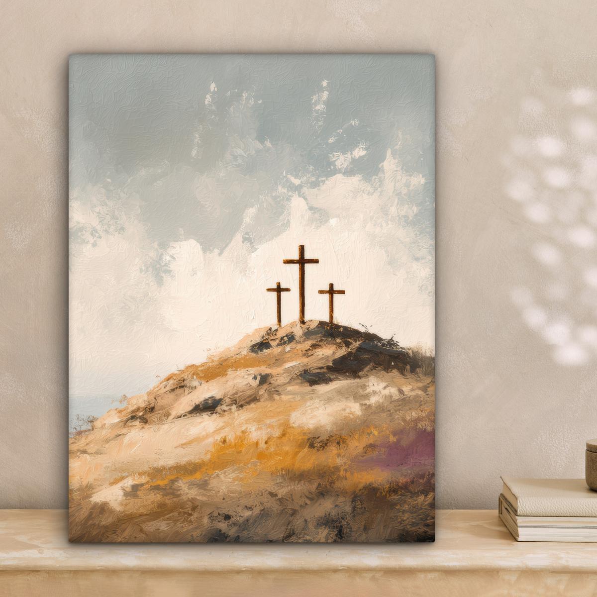 LEINWANDBILD Hügel - Abstrakt - Christentum - Kreuz Room Decor 30x40 cm - Hellgrau, Textil (30/40cm) - MuchoWow